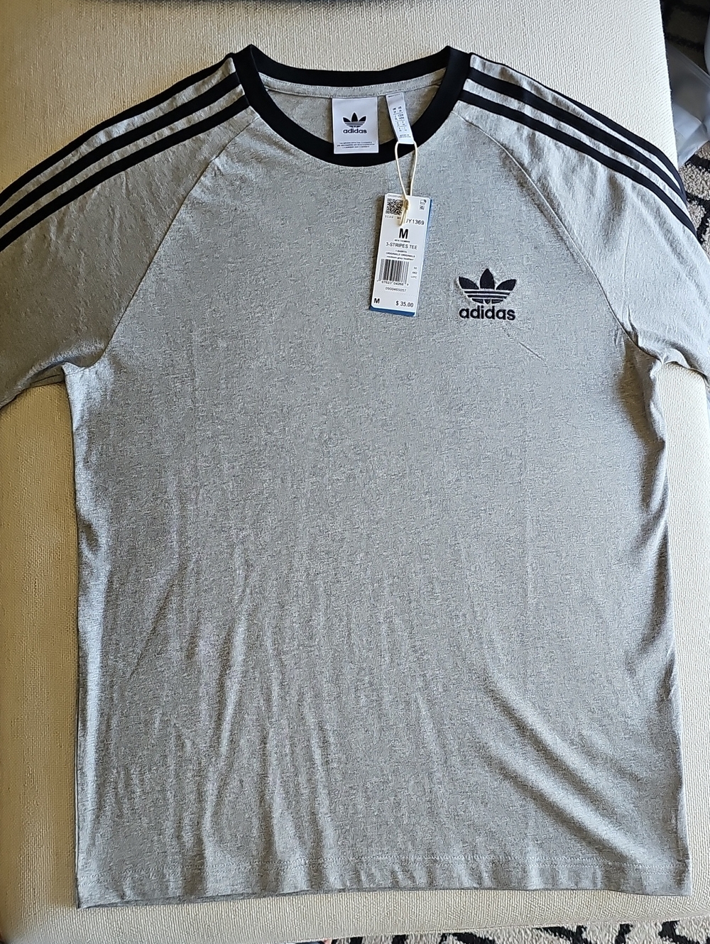 NWT Adidas originals  Men’s Grey Long Sleeve Raglan Tee with Black Stripes